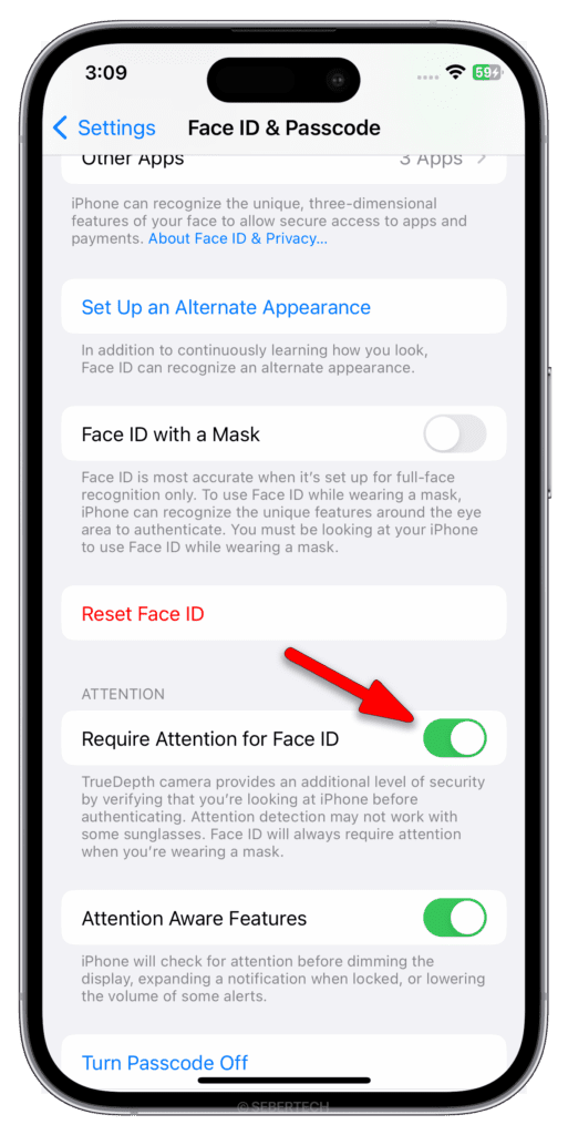 Tap the switch next to Require Attention for Face ID.