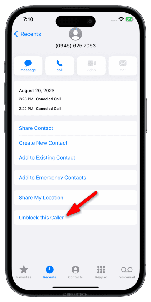 Scroll down and tap Unblock this Caller