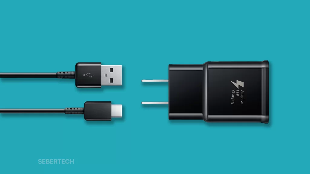 The picture shows a Samsung power adapter and USB-C cable.