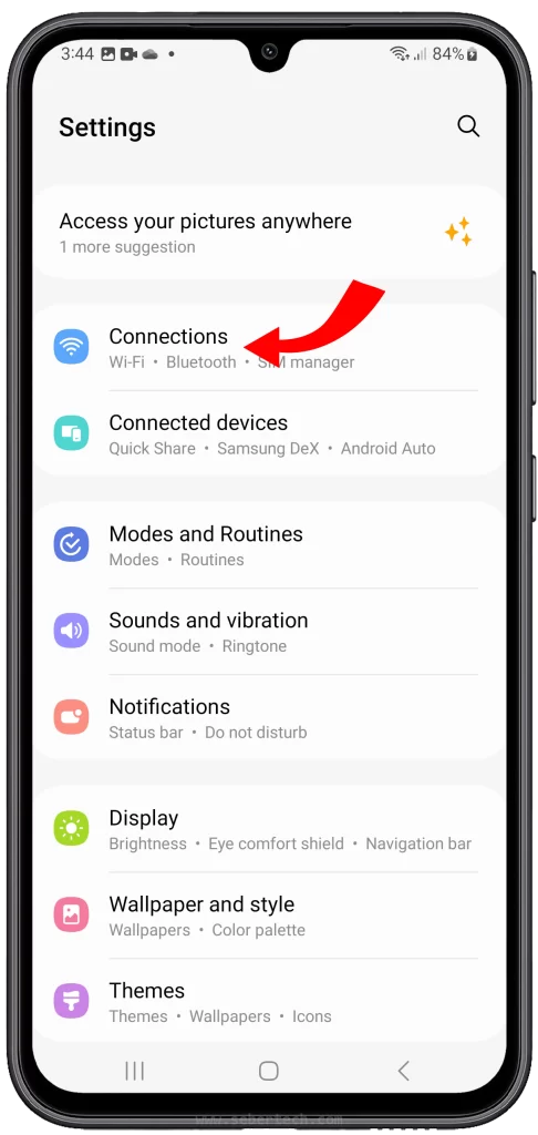 Tap on Connections.

This will open a list of all of the connection options on your device, including Wi-Fi, Bluetooth, and mobile data.