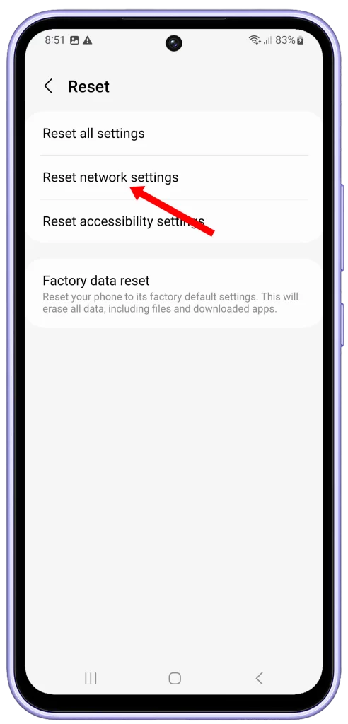 Tap Reset network settings on Galaxy A54.