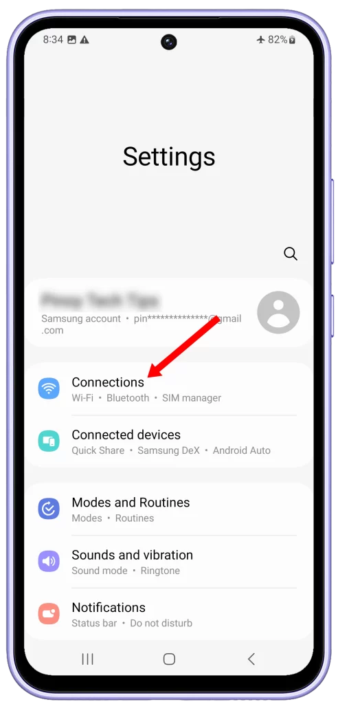 Tap Connections on Galaxy A54.