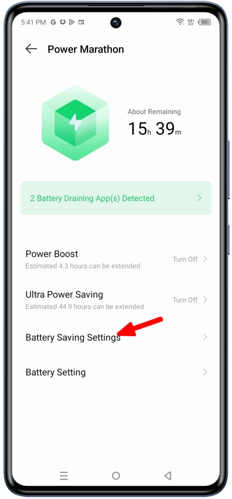 Tap on Battery Saving Settings. This is where you can manage your phone's battery saver mode settings.
