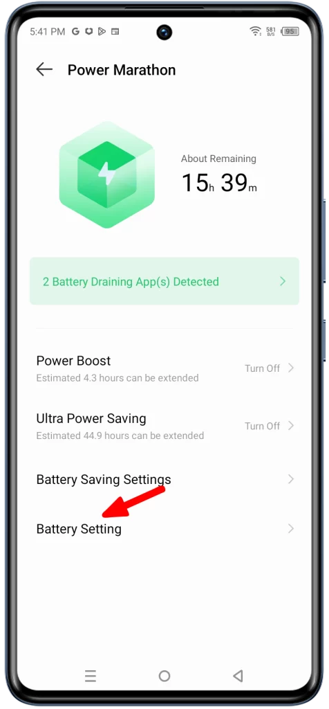 Tap on Battery Saving Settings. This is where you can manage your phone's battery saver mode settings.