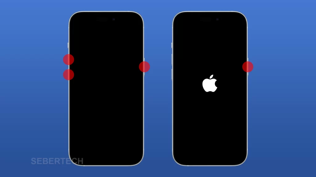 The image demonstrates how to Force Restart an iPhone 15.