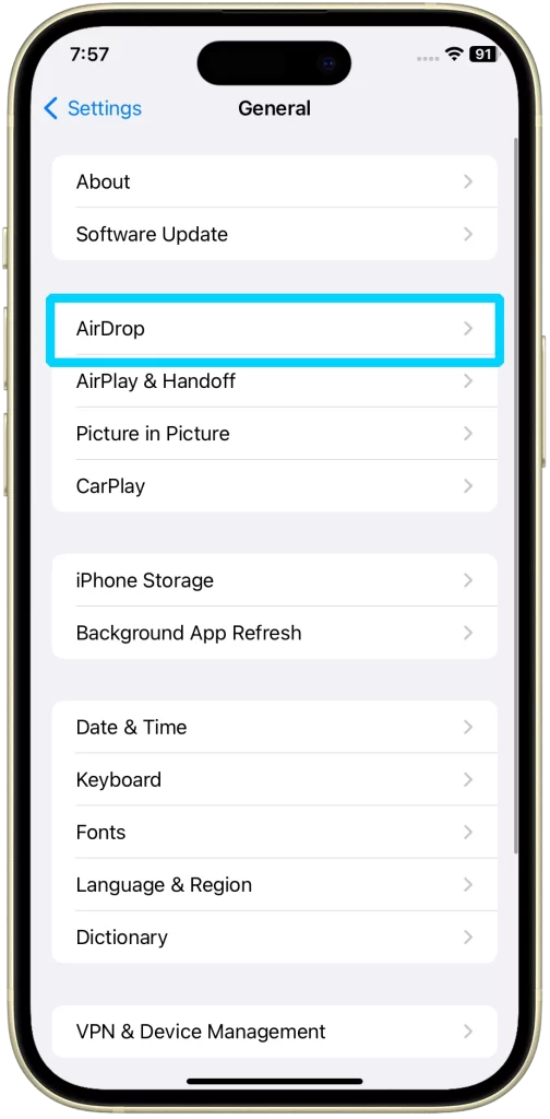 Tap AirDrop iPhone 15