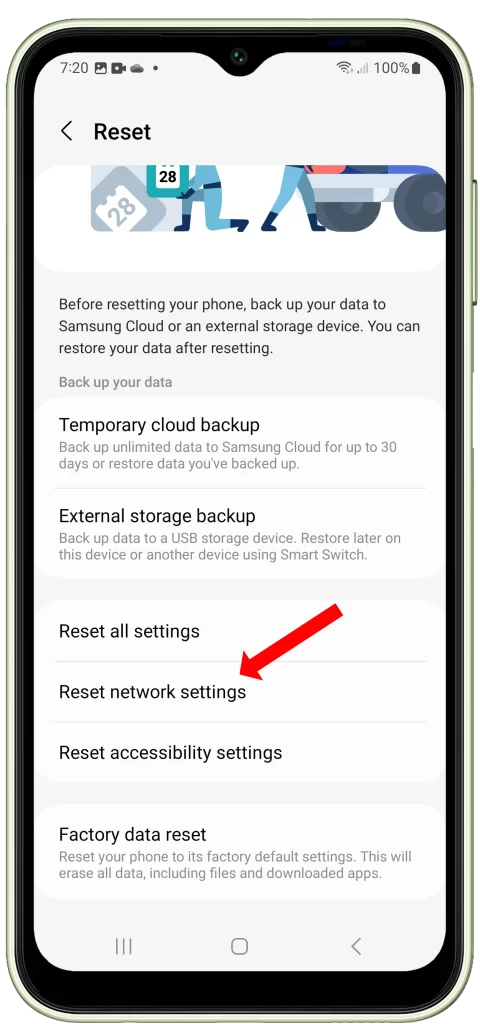 Tap Reset network settings on Galaxy A14.