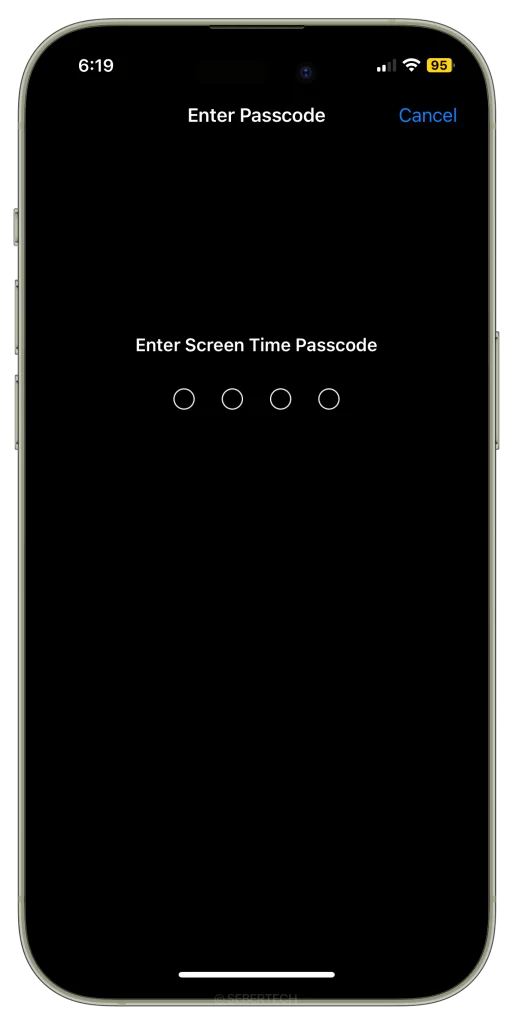 Enter Screen Time Passcode on iPhone 15.