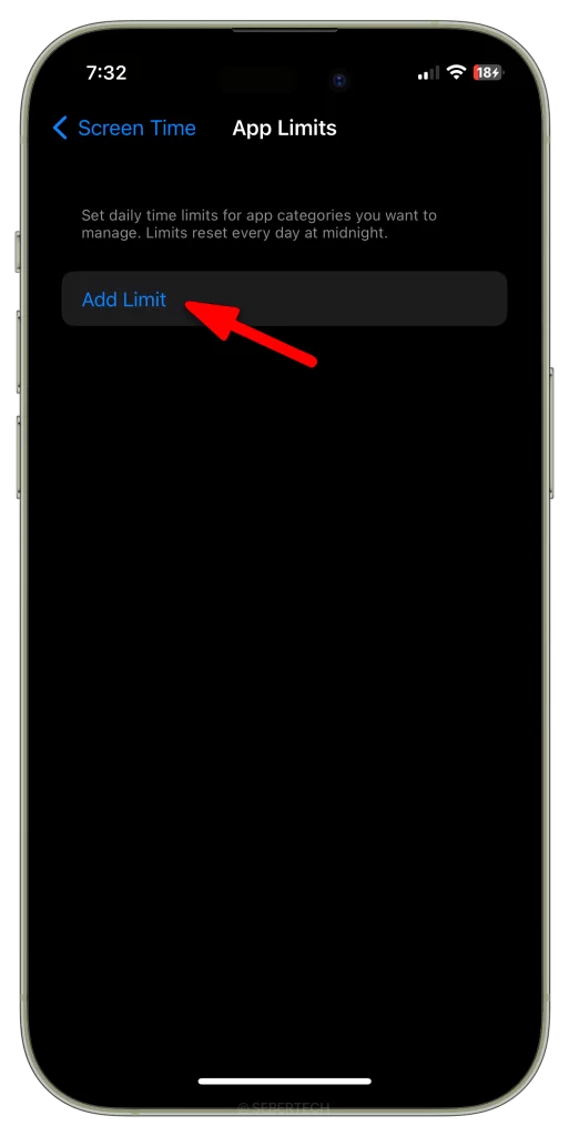 Tap Add Limit on iPhone 15.
