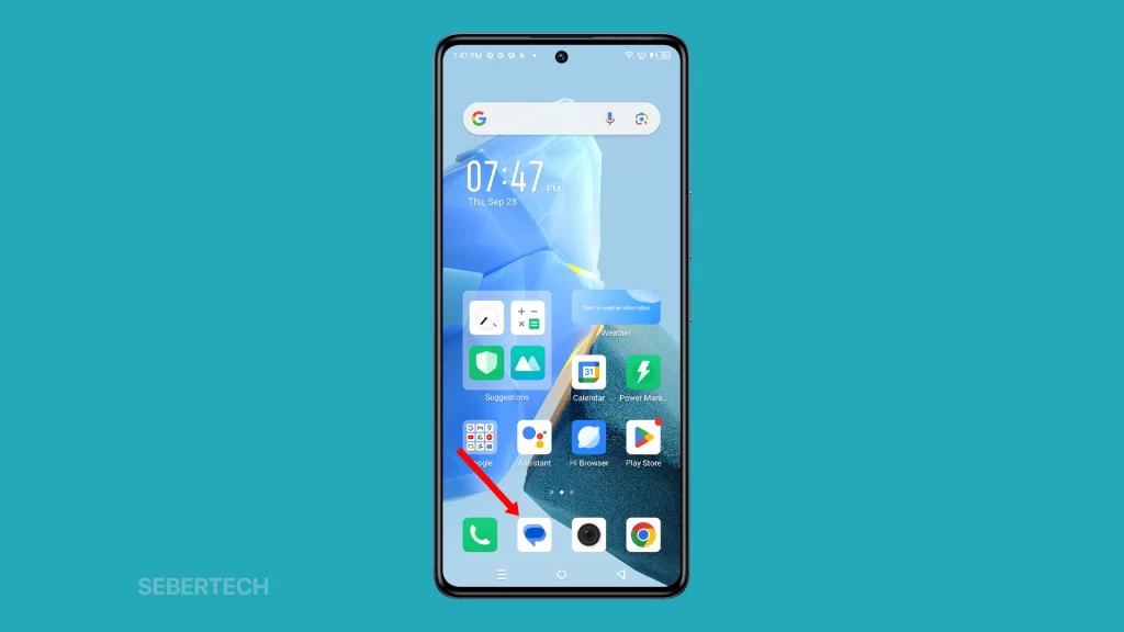 This is a feature image showing Infinix GT 10 Pro and its home screen with red arrow pointing to the Messages app.