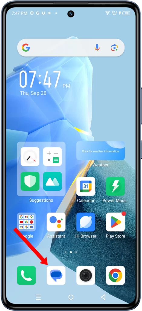The image show the Infinix GT 10 Pro Home screen with red arrow pointing to the Messages app.