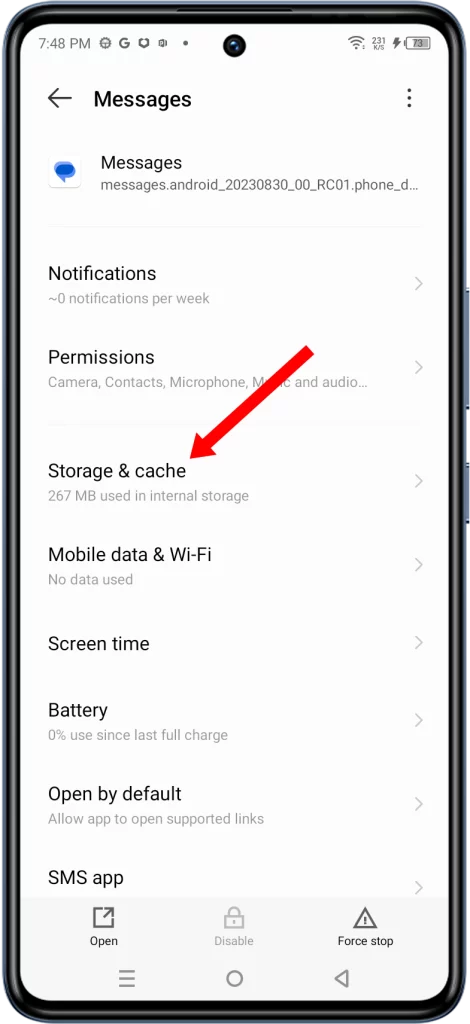 The image show the Infinix GT 10 Pro Messages settings screen with red arrow pointing to Storage & cache.