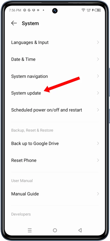 The image show the Infinix GT 10 Pro System screen with red arrow pointing to System update.