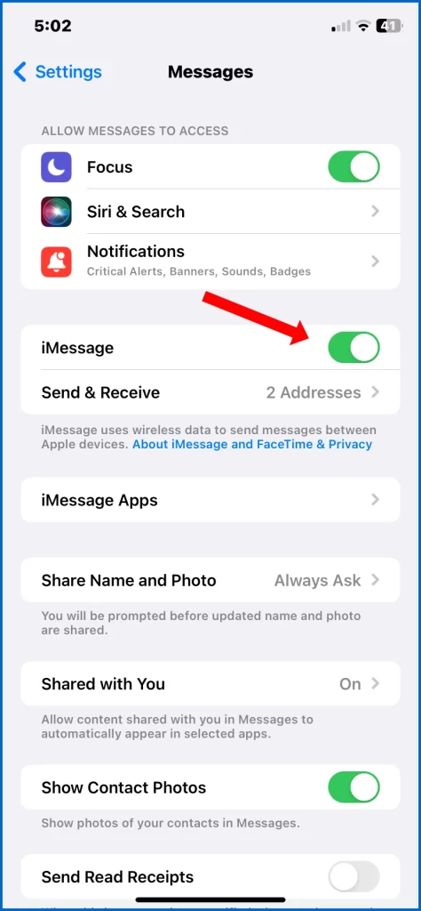 Toggle iMessage switch Off and On - sebertech