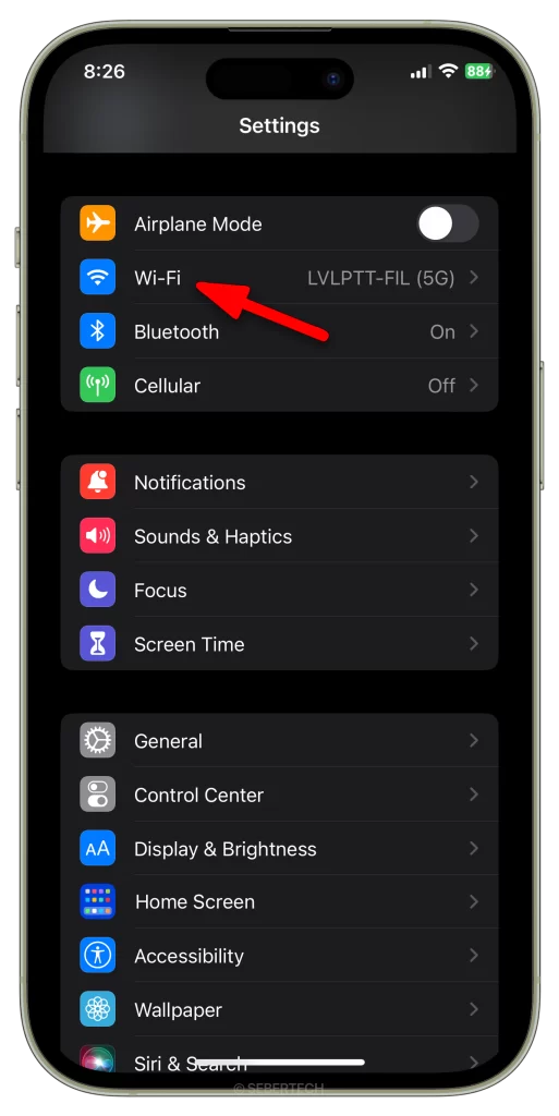 Tap the Wi-Fi option on your iPhone 15's settings screen.