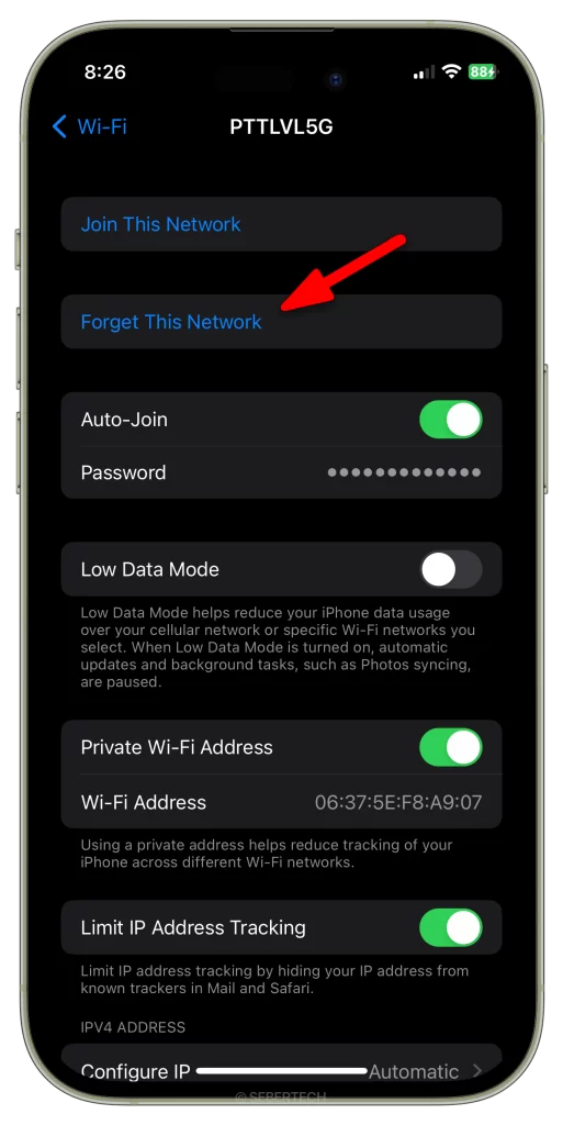 Tap Forget This Network to delete the network from the list on your iPhone 15.