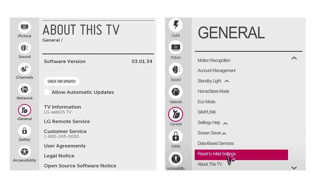 LG smart TV reset network settings