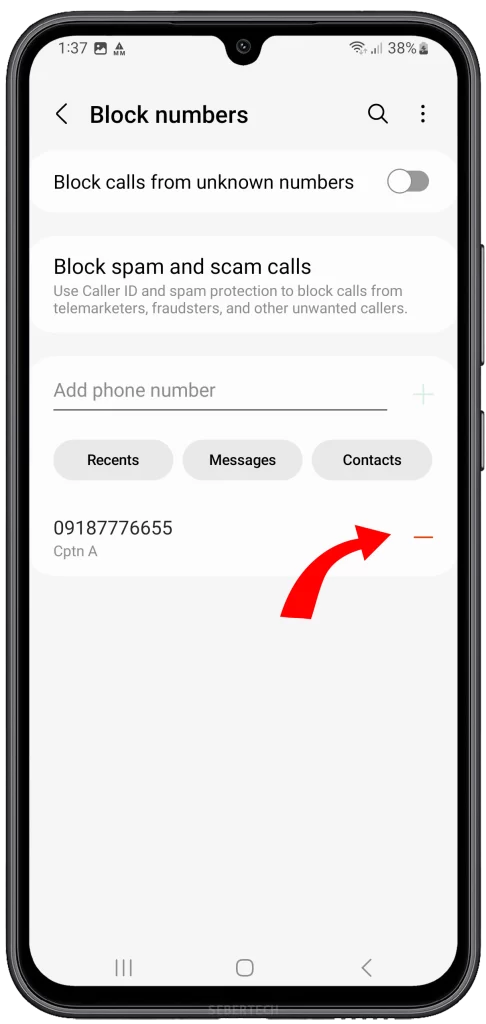 To unblock a specific number, locate the minus sign (-) placed beside the contact you wish to unblock. Tap on the minus sign, and a prompt will appear asking for confirmation to unblock the number. Confirm your choice, and the number will be removed from the blocked list.