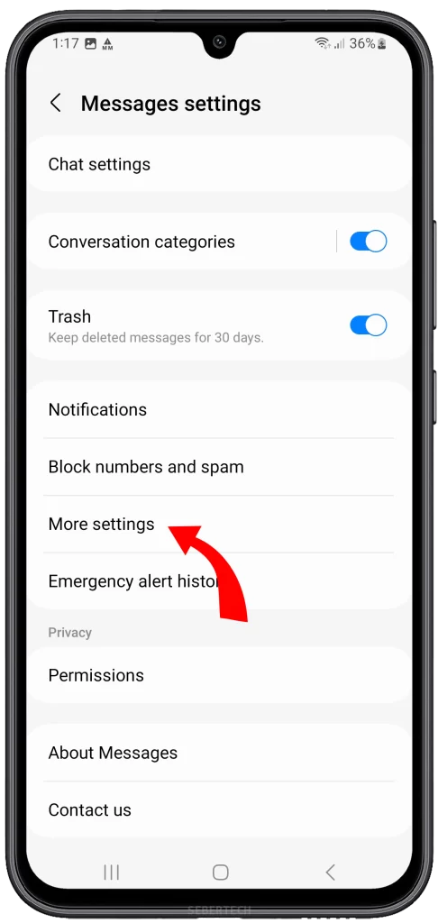 Within the Messages settings, you will find various options. Locate and tap on the "More settings" option. This will provide you with additional settings related to text messages.