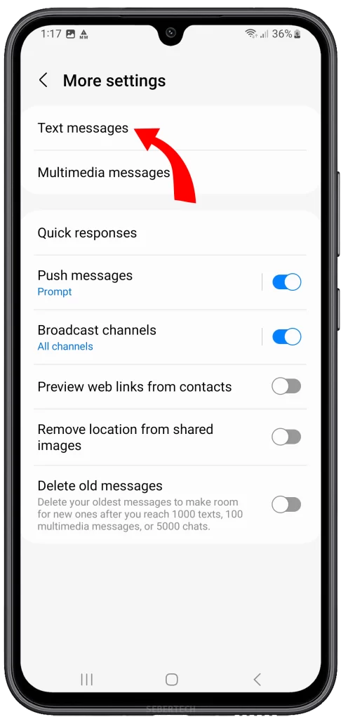 After tapping on "More settings," you will be directed to a new screen with various text message settings. Look for and select the "Text messages" option to proceed.