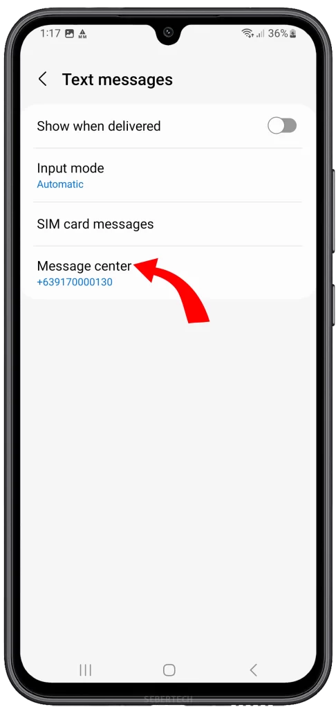 Within the Text messages settings, scroll through the available options until you find the "Message center" option. Tap on it to proceed.