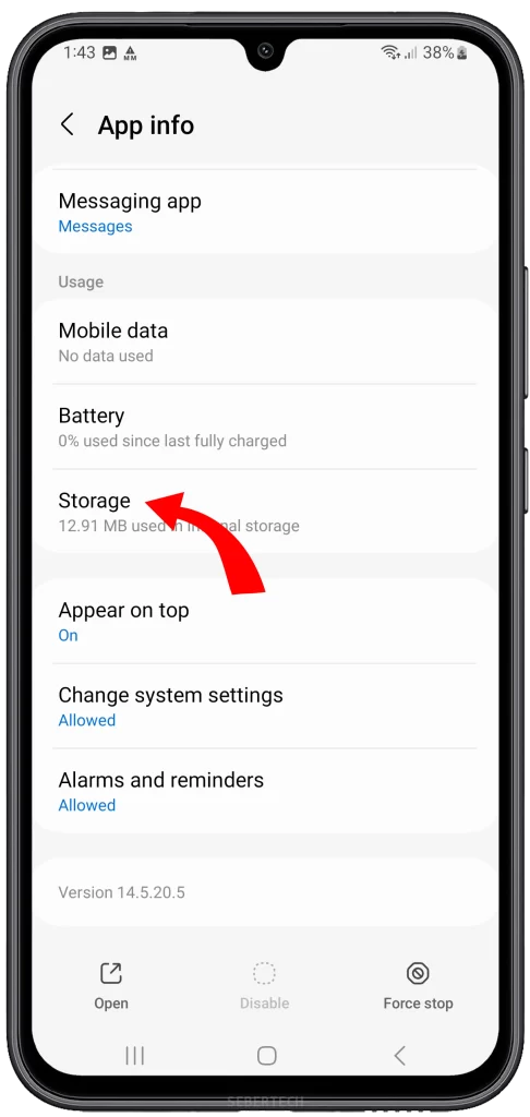 Navigate to Storage

Once you're in the app info screen, you'll find various details about the Messages app. Look for the "Storage" option and tap on it. This will take you to the storage settings for the Messages app.