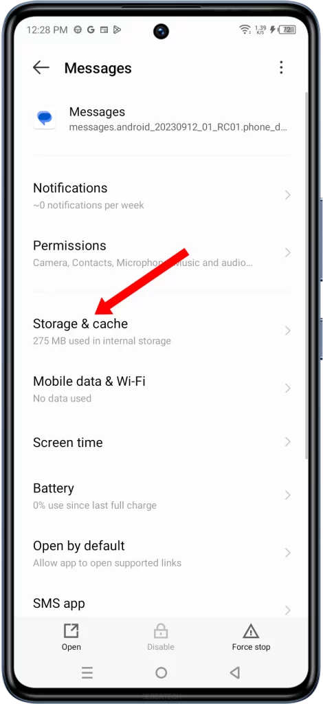 After opening the Messages app settings, you will see various options related to the app's storage and cache. Look for the "Storage & cache" option and tap on it to access the cache clearing options.