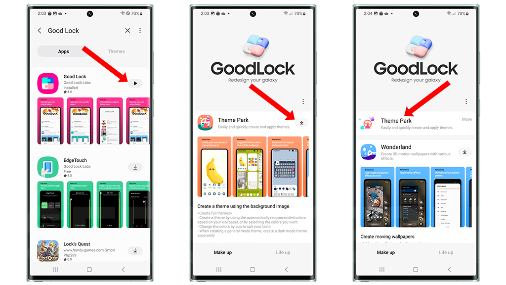 The image shows how to install the Theme Park module right from the Good Lock app.