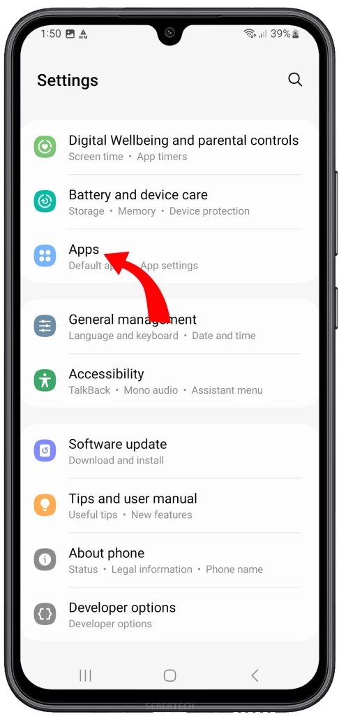 In the "Settings" menu, scroll down and find the "Apps" option. It's usually located under the "Device" or "Device Care" section.
Tap on "Apps" to access the list of installed applications on your device.