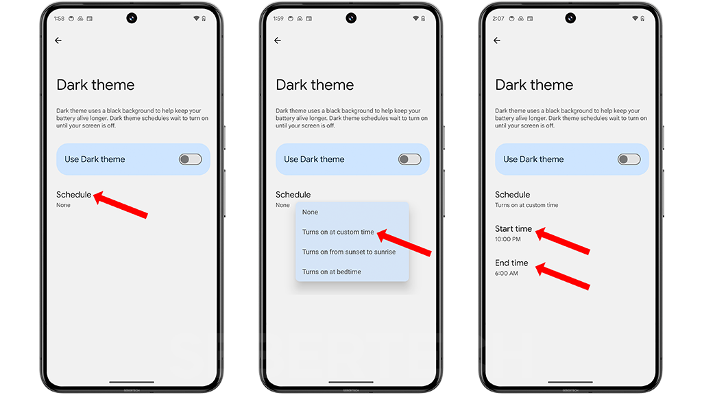 To further customize your Dark Theme, tap on "Schedule." You have several options for scheduling when Dark Theme should be active:

Turns on at Custom Time: This option allows you to set a specific time for the Dark Theme to turn on. You can choose the time that suits your preferences.

Turns on from Sunset to Sunrise: Selecting this option will activate the Dark Theme automatically at sunset and turn it off at sunrise. It adjusts to the natural lighting conditions.

Turns on at Bedtime: This option is perfect for night owls. It turns on the Dark Theme at your bedtime, ensuring a comfortable viewing experience during nighttime.