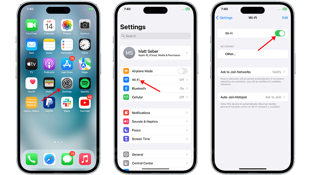 How to Enable or Disable Wi-Fi on iPhone 15

Tap Settings. 
Select Wi-Fi and tap on the Wi-Fi switch to enable it. 

