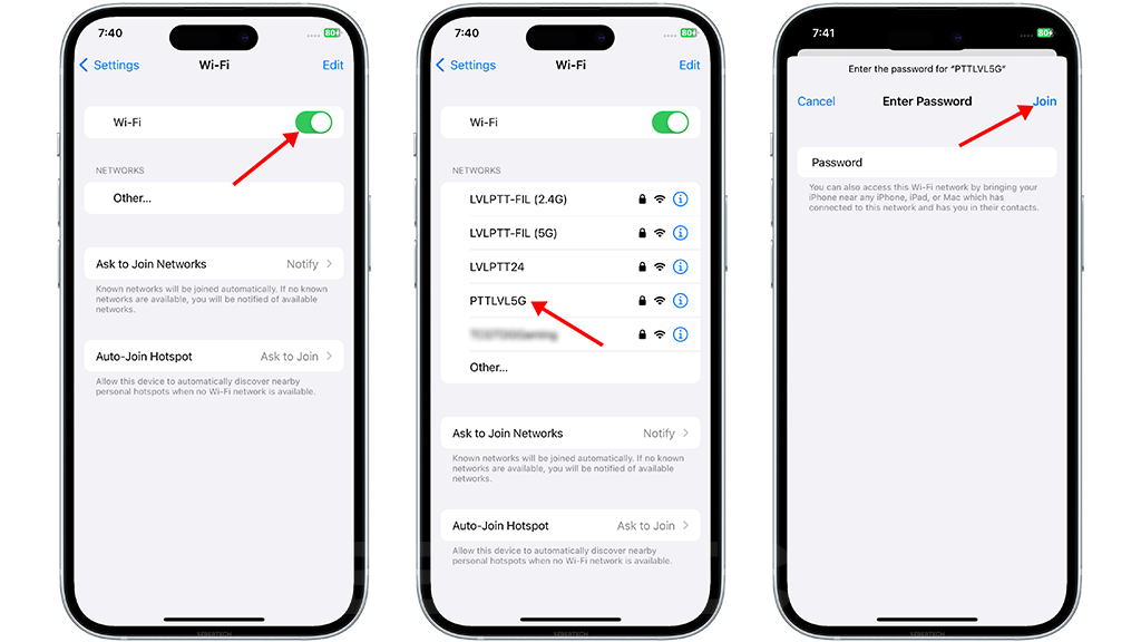 How to Enable or Disable Wi-Fi on iPhone 15

Tap on the network you want to connect, enter the password and tap Join. 