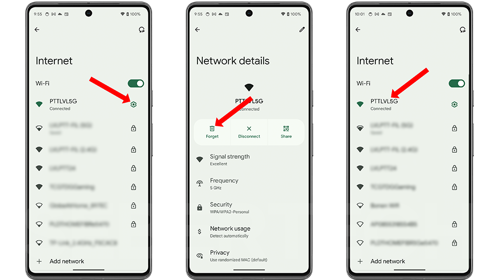 2. Tap the gear icon next to the name of your Wi-Fi network, then tap Forget.

3. Tap the network again and enter your password to reconnect.