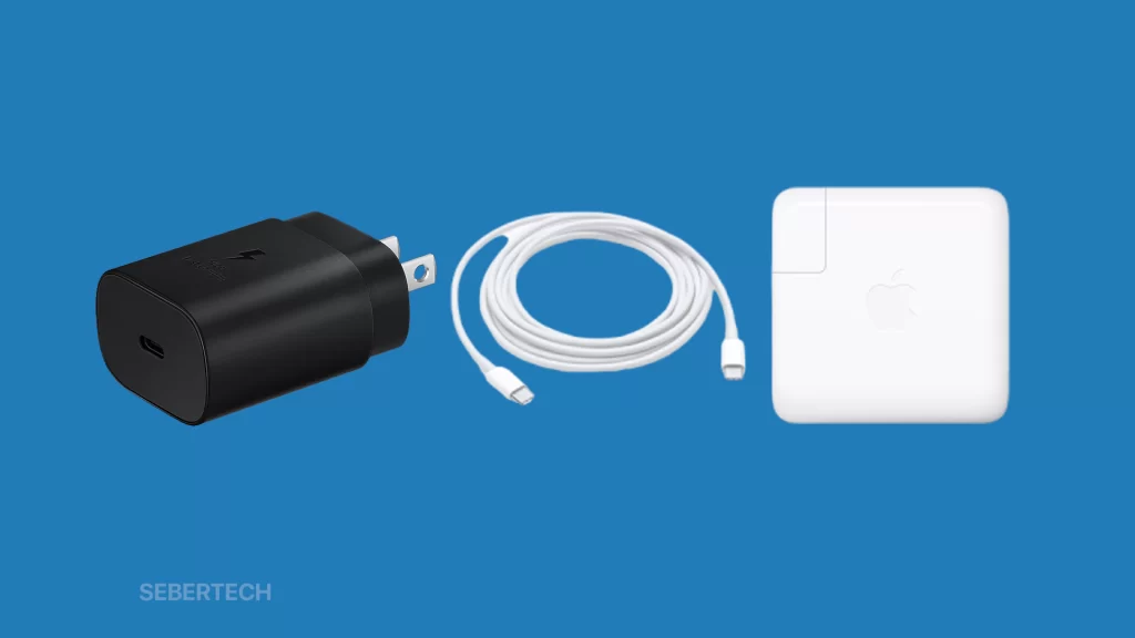 The image shows two different kinds of chargers with a charging cable.