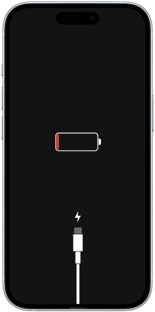 An iPhone 15 showing it has an empty battery but is already connected to a charger.