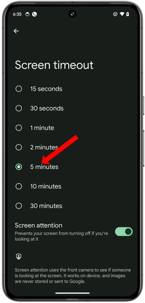 Select a specific duration or choose Never for continuous display (not recommended for battery life).
