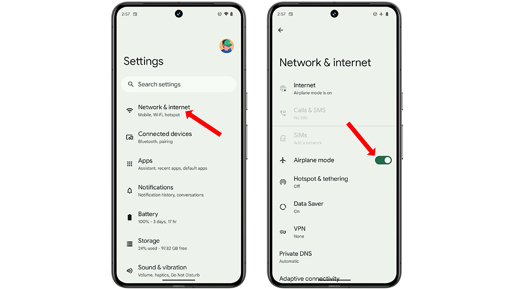 Open the Settings app.

Tap on Network & internet.

Tap on Airplane mode.