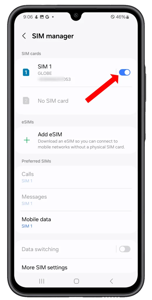 Disable and re-enable the SIM card: Here, you’ll see a list of the SIM cards inserted in your phone. Tap on the toggle next to your SIM card to disable it, wait for a few moments, and then tap the toggle again to re-enable it.