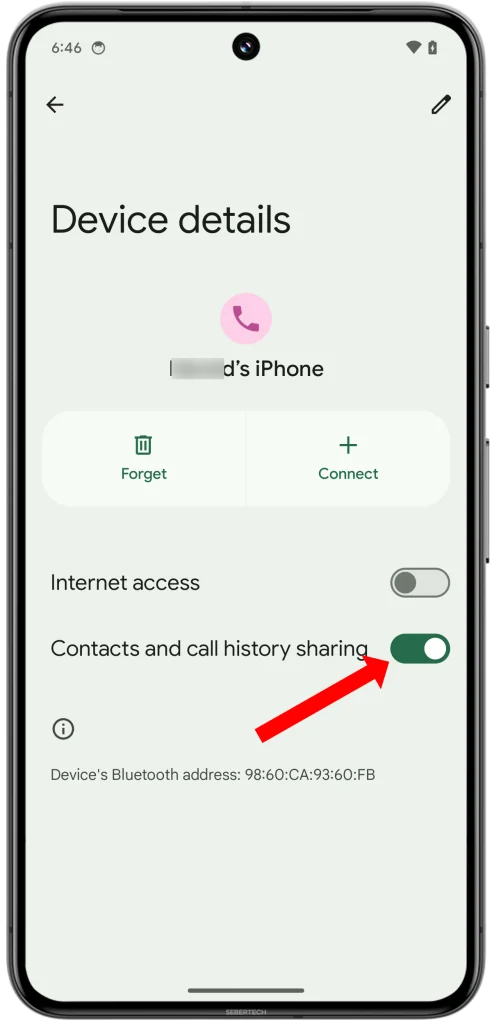 Toggle the switch next to Contact and call history sharing to on.
