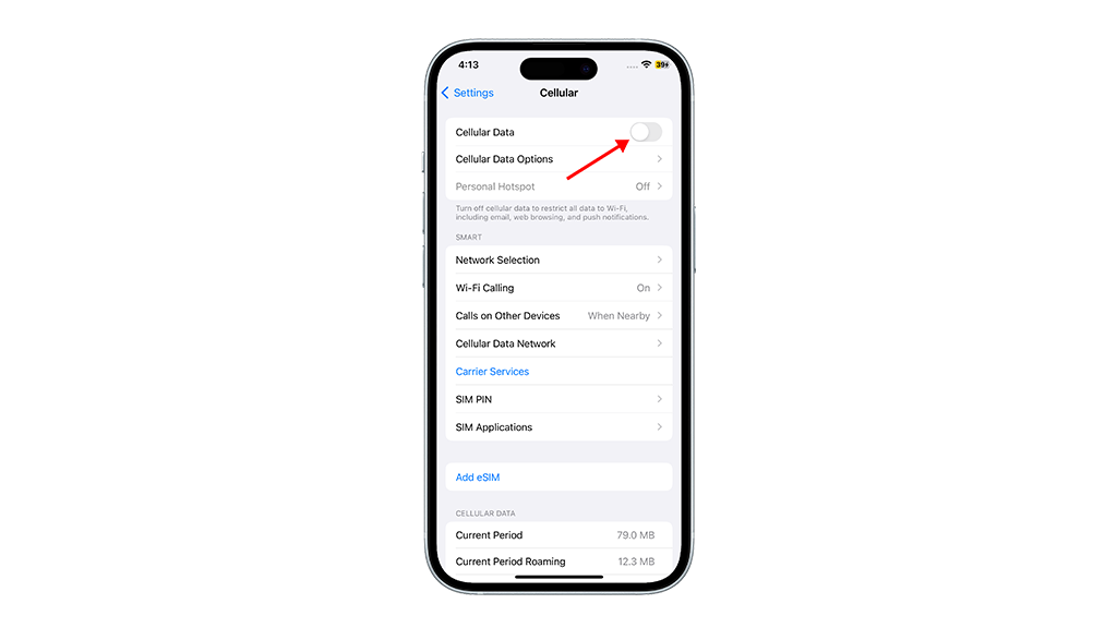 Open the Settings app on your iPhone 15.

Tap on "Cellular."

Toggle the switch next to "Cellular Data" off. Wait for a few seconds.