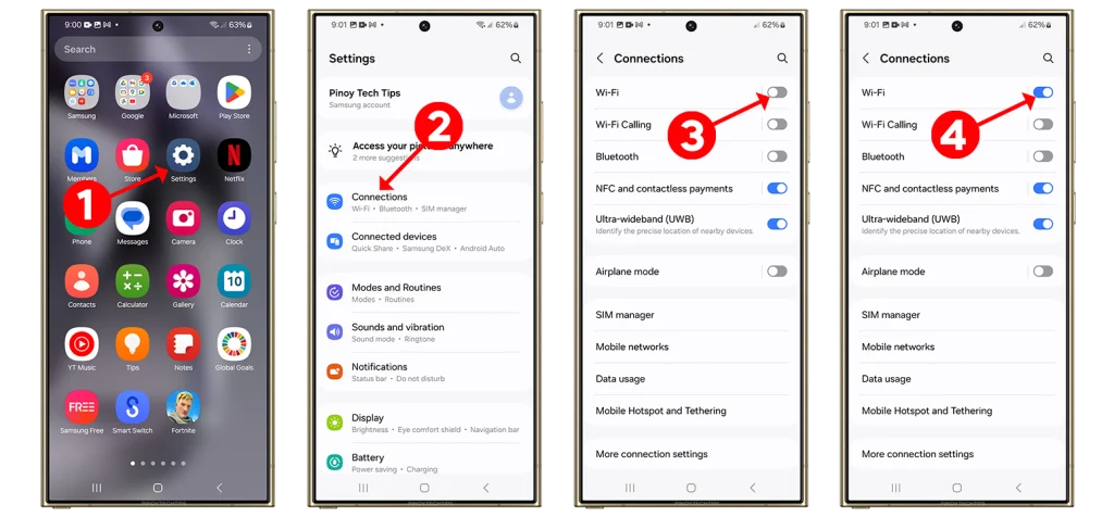 Go to your phone's "Settings."

Choose "Connections".

Toggle the Wi-Fi switch off, wait a few seconds, and then turn it back on.